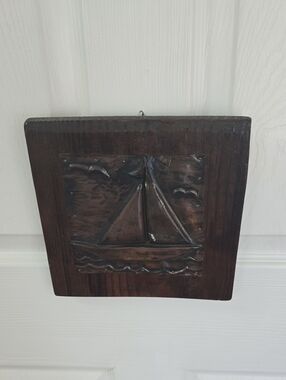 Vintage Hammered Copper Sail Boat Art Pressed Embossed On Wood Nautical Decor